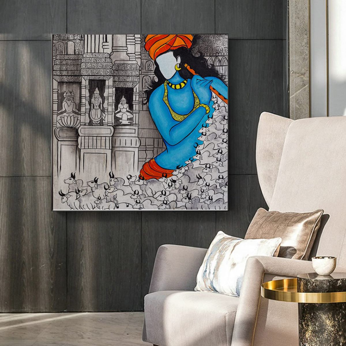 Hand Painted Acrylic Canvas Painting of Lord Krishna Herding Cows 2 x 2 Feet